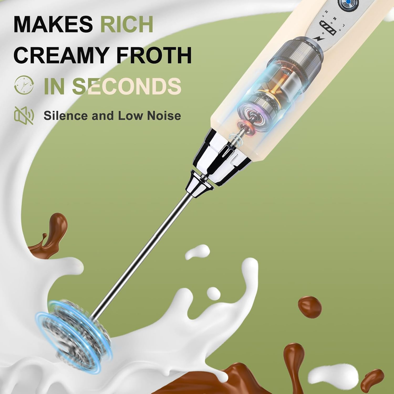 Milk Frother Handheld Beige Rechargeable 3 Speed 3 Heads Coffee Whisk5