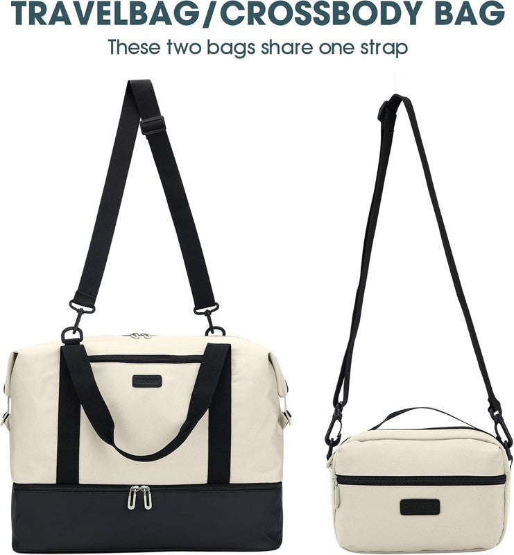 21in Women Weekender Duffle Bag 2Pc Canvas Leather Carry On Shoe Compartment2