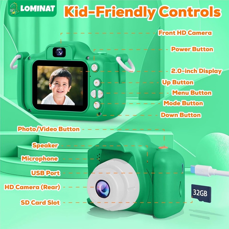 Kids 1080P HD Video Camera Toy w/ Dual Lens Games 32GB SD Card Ages 3 98