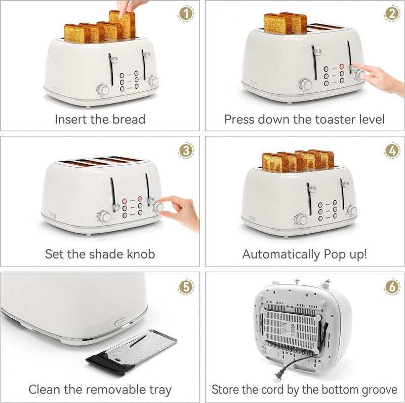 4-Slice Retro Toaster White 6 Shade Settings Cancel/Defrost/Reheat Wide Slots4