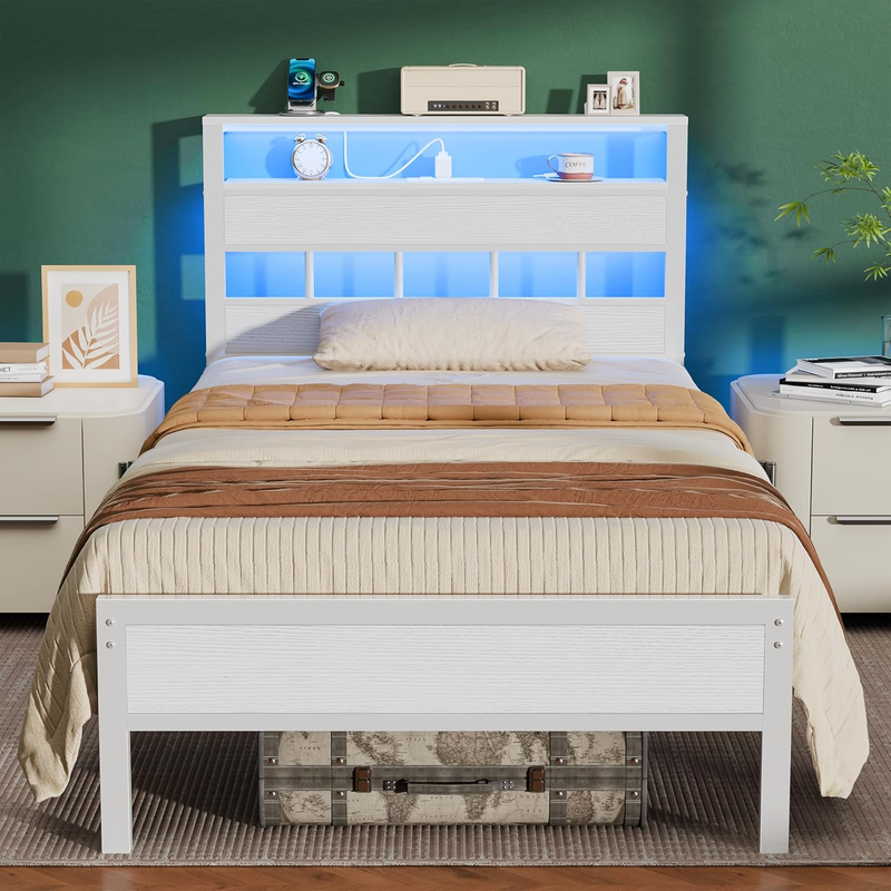 Twin Bed Frame LED Charging Station Storage Headboard Metal Slats White0
