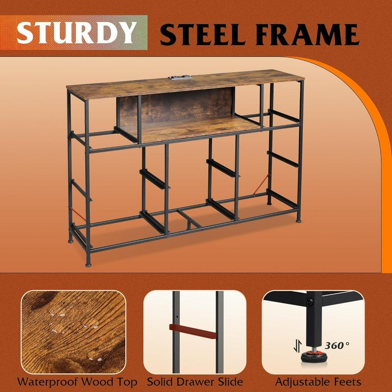 Rustic Brown TV Stand Dresser LED Lights Charging Station 8 Fabric Drawers Shelf7