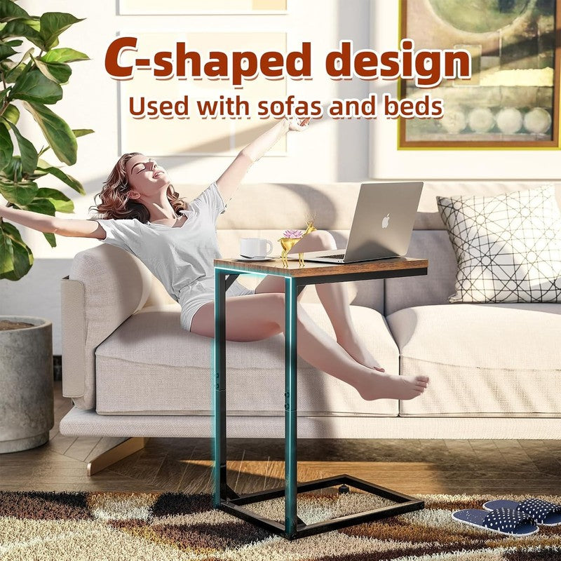 C Shaped End Table, Sofa Side Table with Metal Frame, Rustic Brown3