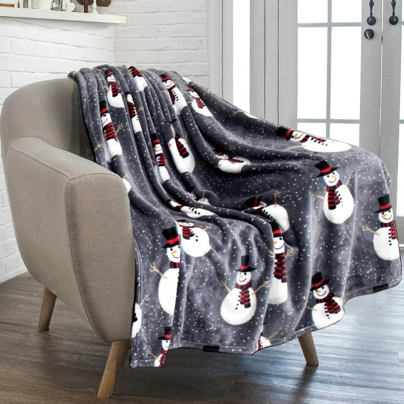 Christmas Throw Blanket Grey Snowman Fleece Soft Warm Plush 50"x60"7