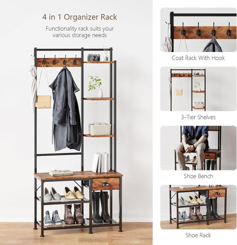 Hall Tree Entryway Bench with Coat Rack & Shoe Storage 4-in-1 Rustic Brown2