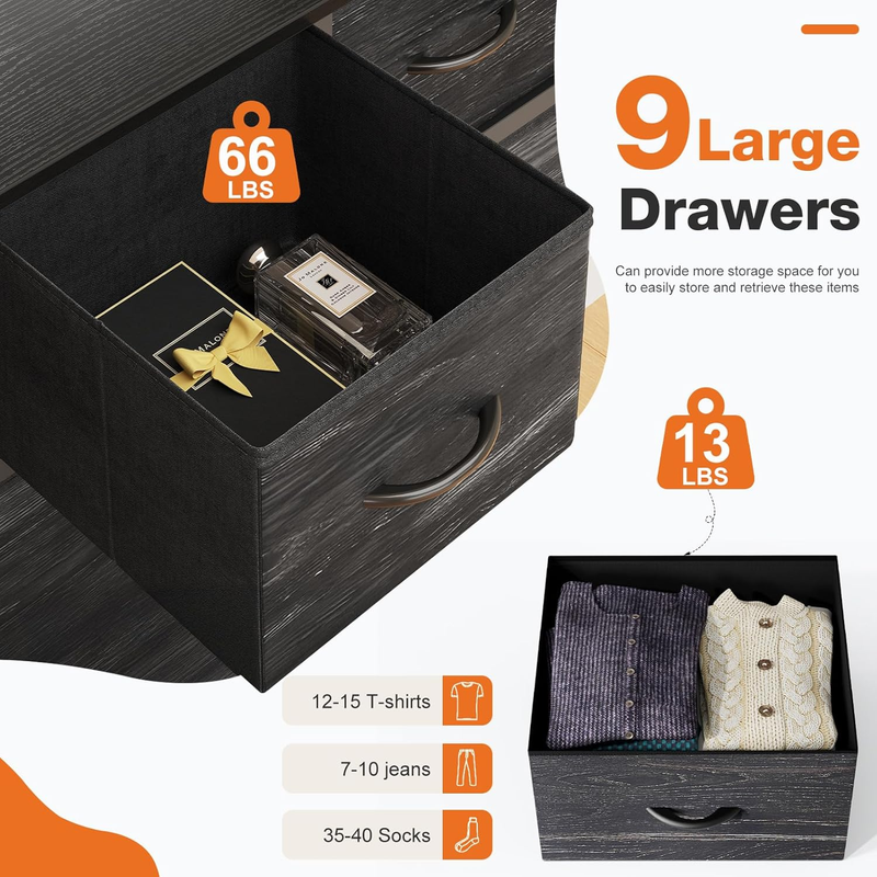 9 Drawer Fabric Dresser Storage Tower Steel Frame Wood Top Black4