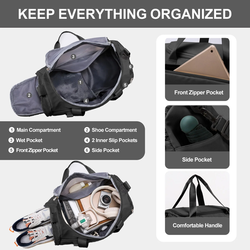 Travel Duffle Bag Gym Bags with Shoe Compartment Wet Pocket Waterproof for Weeke8
