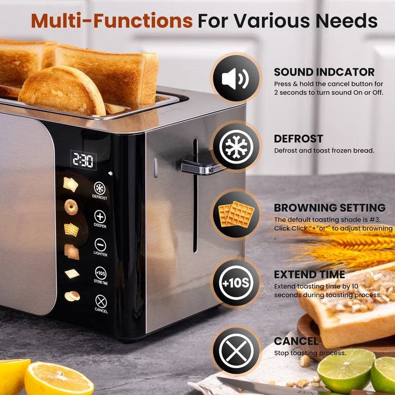 4 Slice Touchscreen Toaster Extra Wide 1.5in Slots Stainless Steel Timer Defrost2