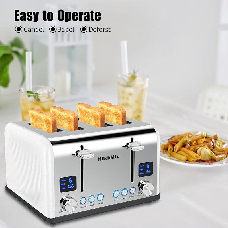 4 Slice Toaster White - Stainless Steel, LCD Timer, Wide Slots, Dual Display3