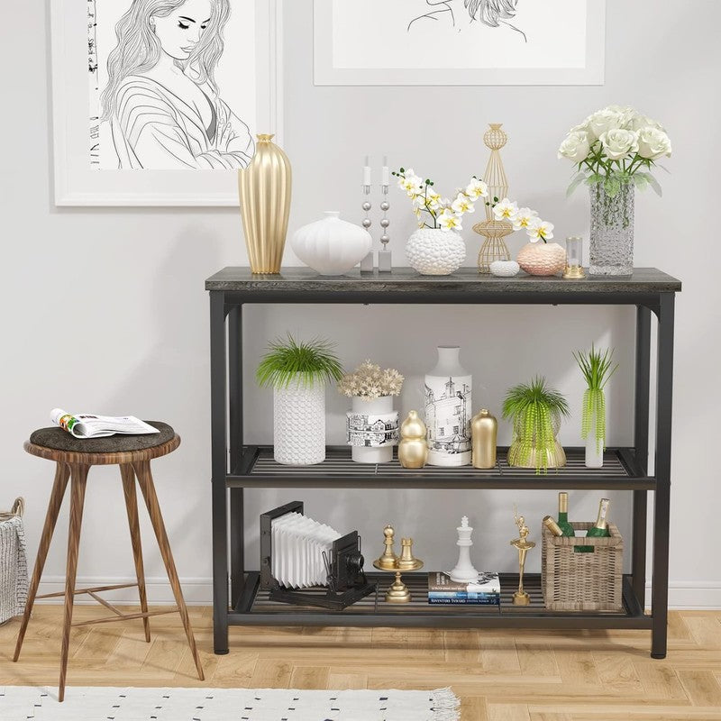 32" Modern Console Table Sofa Table Double Mesh Shelves Grey1