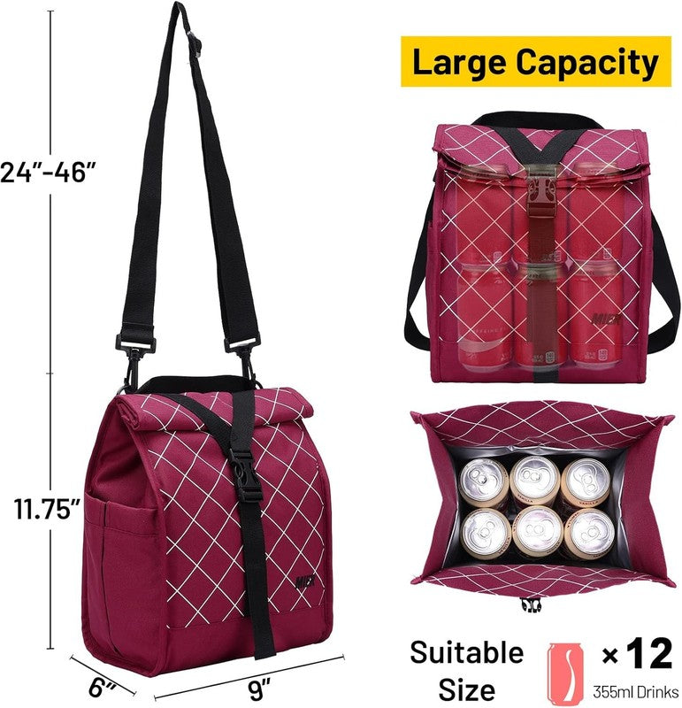 Insulated Roll Top Lunch Bag for Women Men Foldable Tote w/ Shoulder Strap Red6