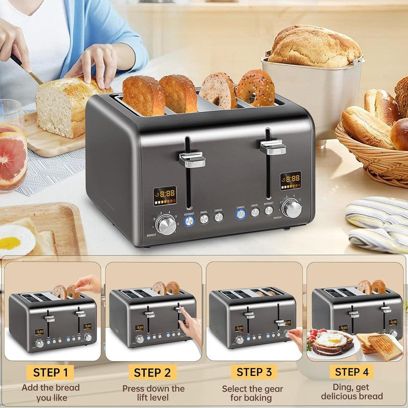 4 Slice Stainless Toaster - LCD, 7 Shades, Wide Slots, Bagel, Defrost, 1800W5