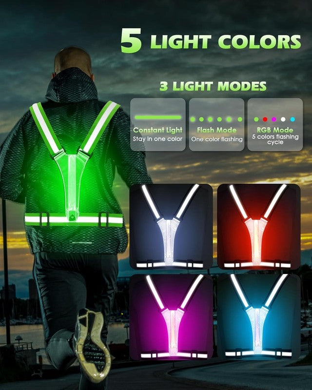 LED Reflective Vest Running Gear, 5 Lights Colors High Visibility Reflective Run2