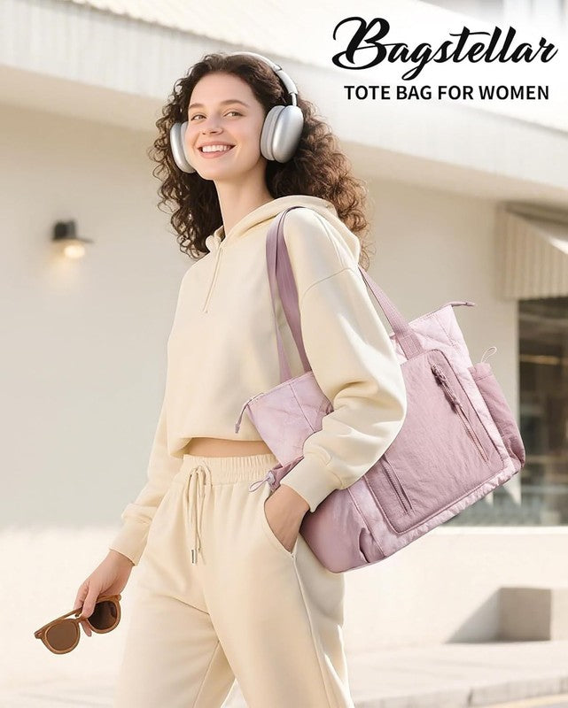 Women’s Puffer Tote Bag Lightweight Quilted Shoulder Handbag Work Laptop Pink5