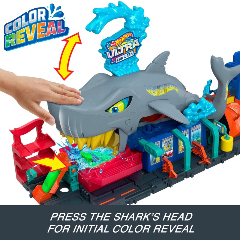 City Ultra Shark Car Wash with Color Reveal Toy Car in 1:64 Scale, Ages 3-8, 8.32