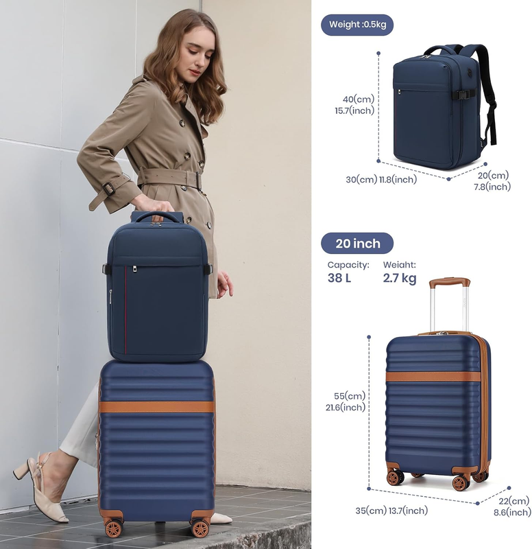 3pc Carry On Luggage Set TSA Lock Spinner Wheels Hardshell Navy Brown1