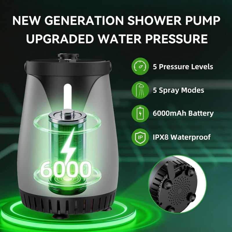 6000mAh Portable Camping Shower Rechargeable IPX8 5 Spray Modes1