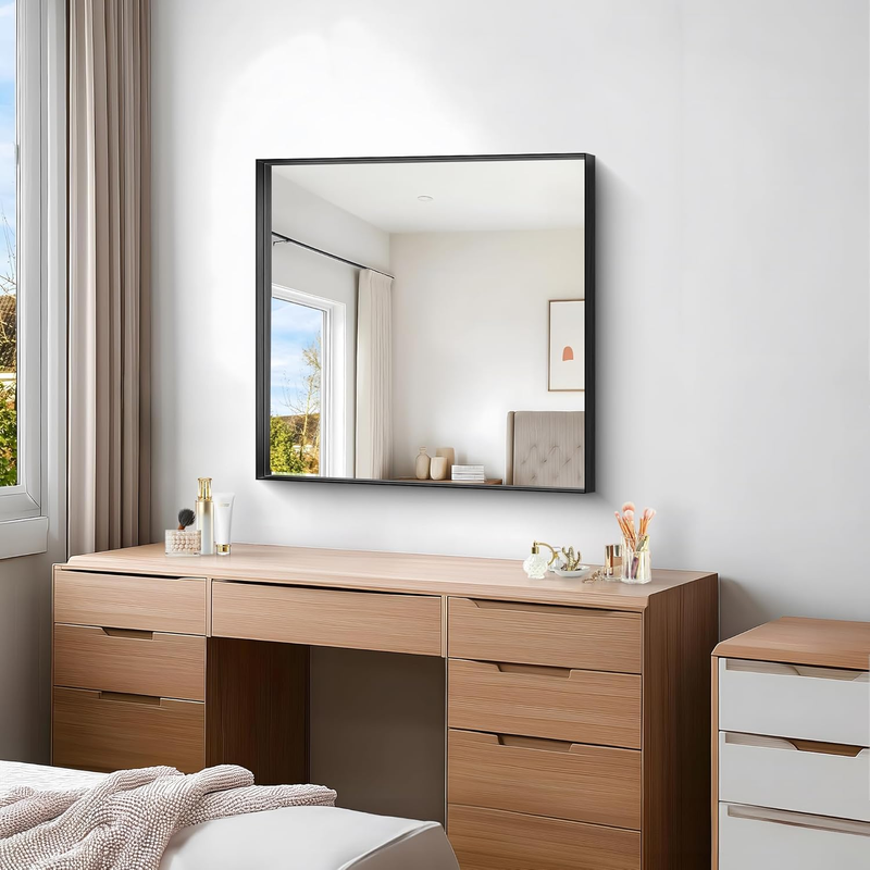 Black Bathroom Mirror, 30X30 Inch Rectangular Framed Mirror, Large Wall Mounted 6
