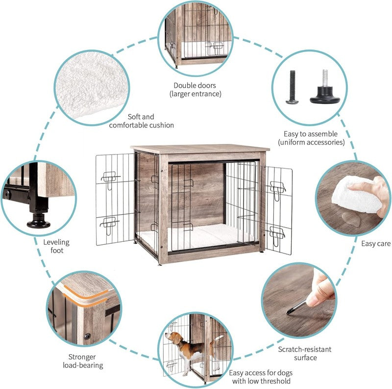 Dog Crate Furniture Table w/Cushion Wooden Kennel Double Door 27.2" Greige3