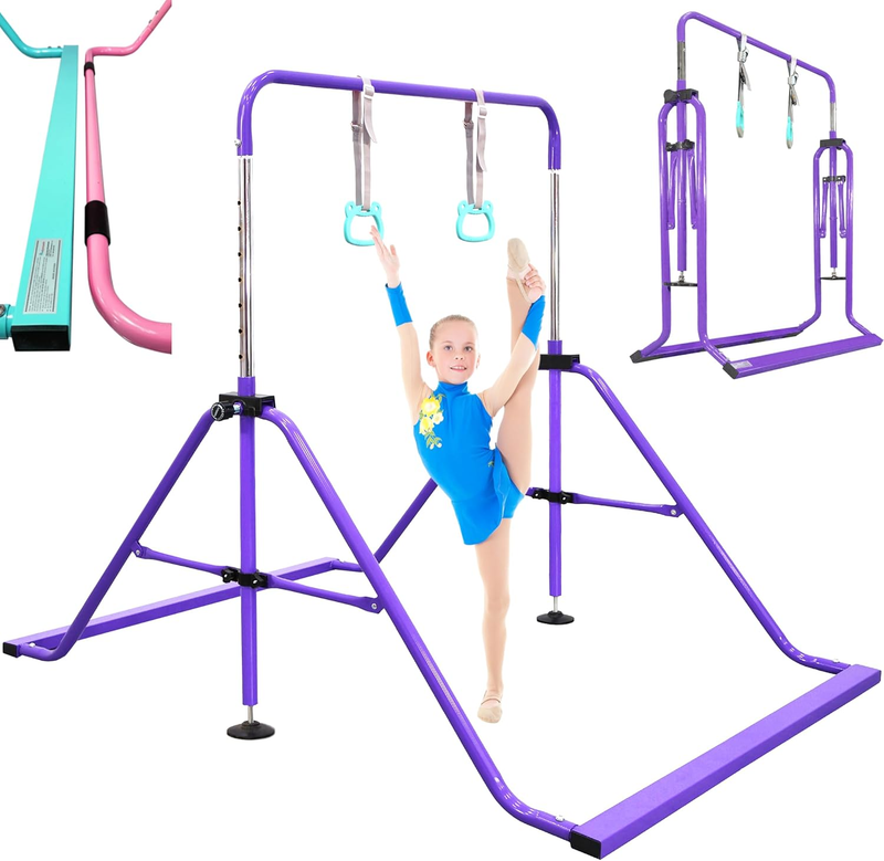 Folding Kids Gymnastics Bar w/ Rings Sturdy Kip Bar Horizontal Home Gym10
