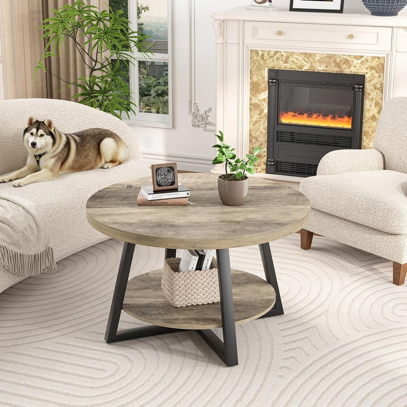 Round Coffee Table with Storage 30in Modern Center Table Grey Wash7
