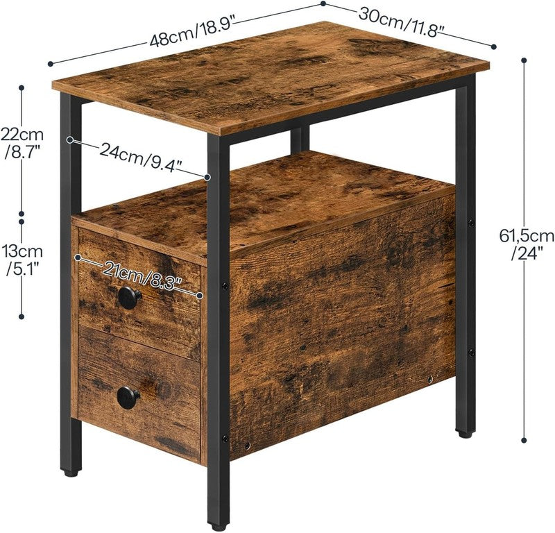 End Table Narrow Chairside Table with Drawer & Shelf Rustic Brown Black2