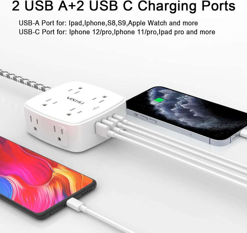 6FT Surge Protector Power Strip 8 Outlets 4 USB 2 USB C Flat Plug White2