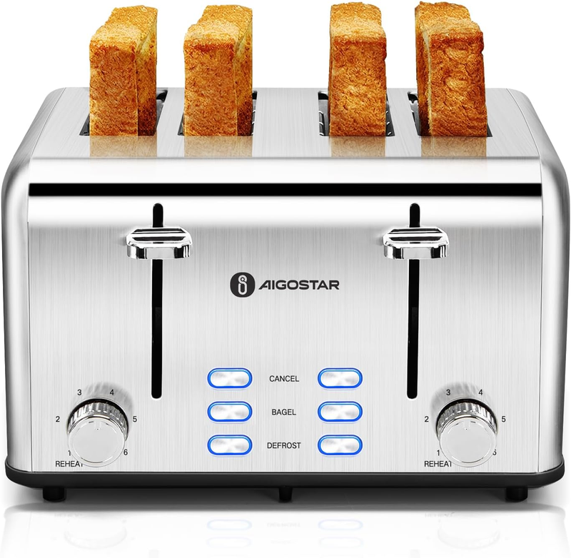4 Slice Stainless Steel Toaster - Wide Slots, Bagel, 6 Shades, 1550W, Prime0