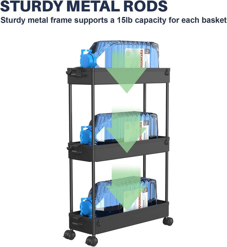 3-Tier Rolling Cart with Wheels, Storage Trolley Organizer with Baskets, Black4