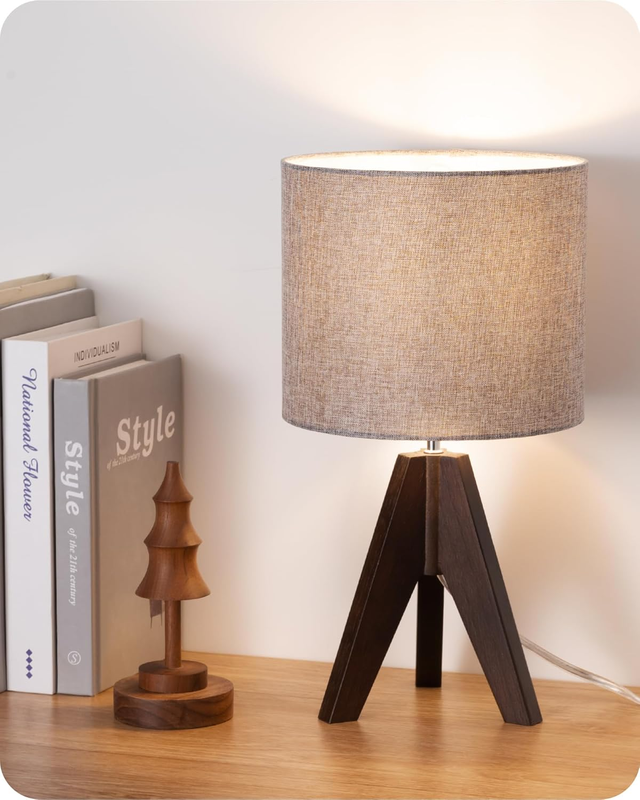 Boho Small Table Lamp Wooden Tripod Bedside Lamp Grey Linen Shade E26 14.2in8