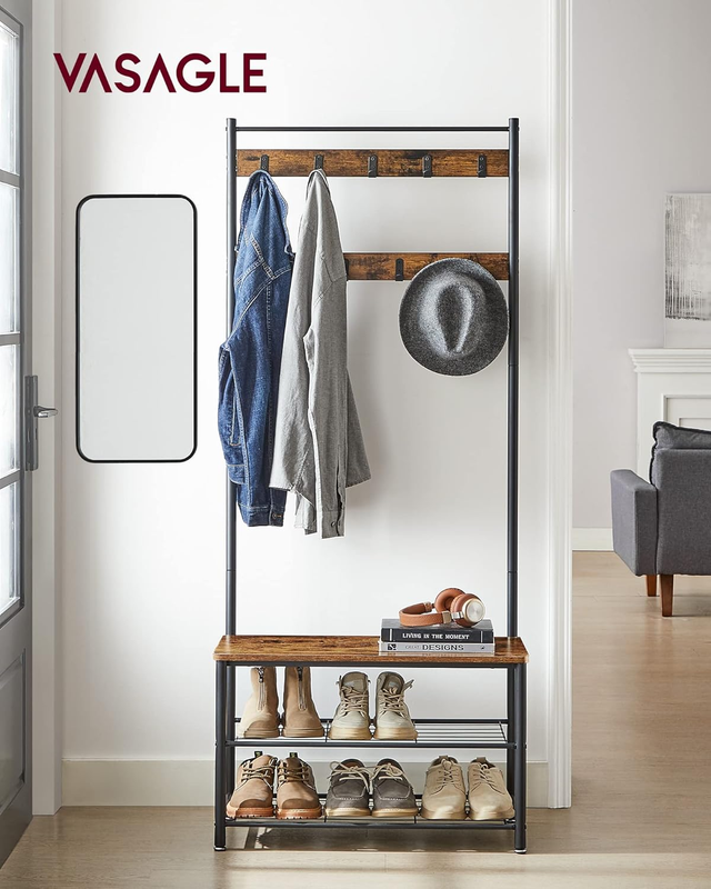 Coat Rack, Hall Tree with Shoe Storage Bench, Entryway Bench with Shoe Storage, 1