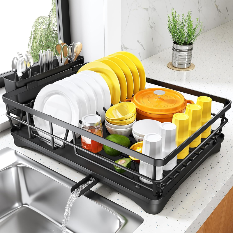Large Rustproof Dish Drying Rack with Drainboard & Utensil Holder   Black10