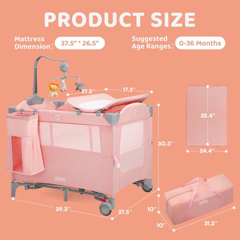 5 in 1 Portable Playard & Bassinet Pink Newborn to Toddler Easy Folding3