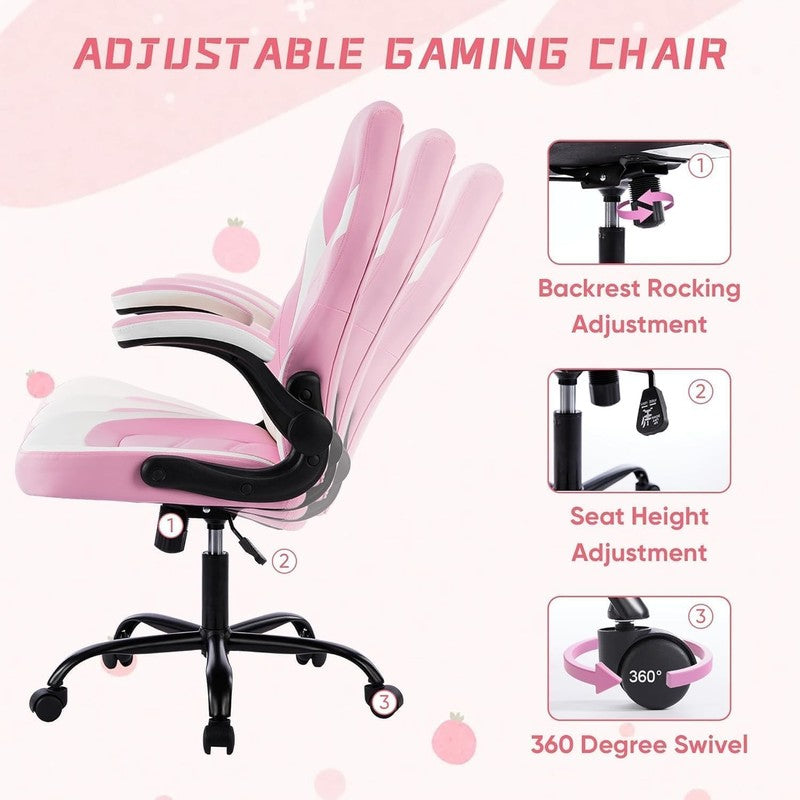 Big & Tall Gaming Office Chair PU Leather Swivel Flip Up Arms Lumbar Pink2