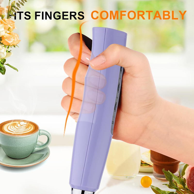 Milk Frother Handheld Rechargeable 3 Speed 3 Heads Coffee Whisk Purple4