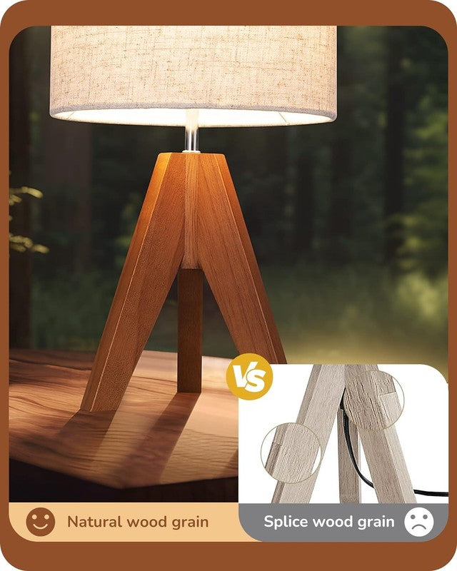 Tripod Table Lamp Small Bedside Lamp Linen Shade Wood Base 14.2in E262