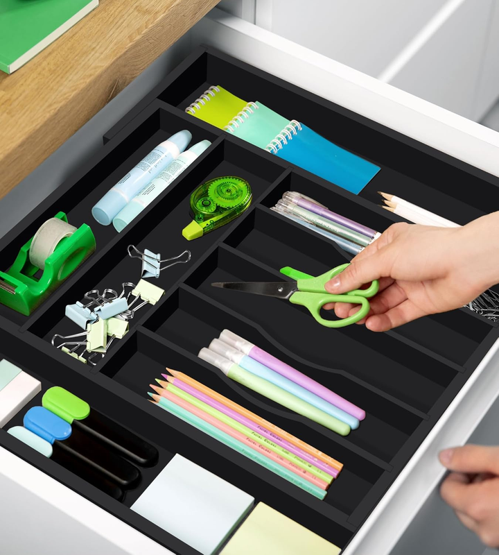Bamboo Kitchen Drawer Organizer 9 Slot Black Silverware Cutlery Tray5