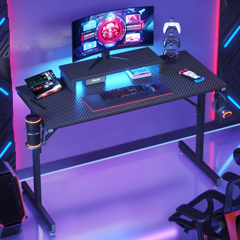 42" PC Gaming Desk w/ LED Lights, Monitor Stand, Headphone Hook Black8