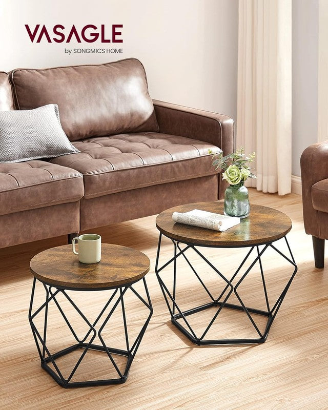 Small Round Coffee Table Set of 2 Steel Frame Side End Tables Rustic Brown Black1