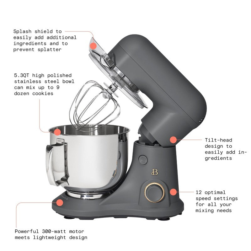 Beautiful 5.3 QT Stand Mixer w/ Flat Beater, Dough Hook by Drew Barrymore Gray2