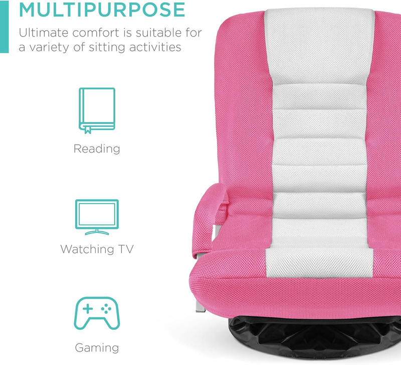 Gaming Floor Rocker Chair 360° Swivel, Lumbar Support, Pink/White3
