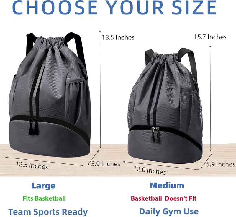 Drawstring Gym Bag Shoe Compartment Water Resistant Dark Grey Backpack2