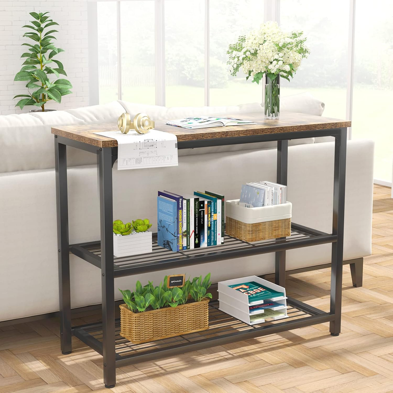 32" Ecoprsio Industrial Console Table Sofa Table Double Mesh Shelves Rustic4