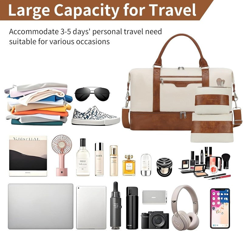 21in Women Weekender Duffle Bag 2Pc Canvas Leather Carry On Shoe Compartment2
