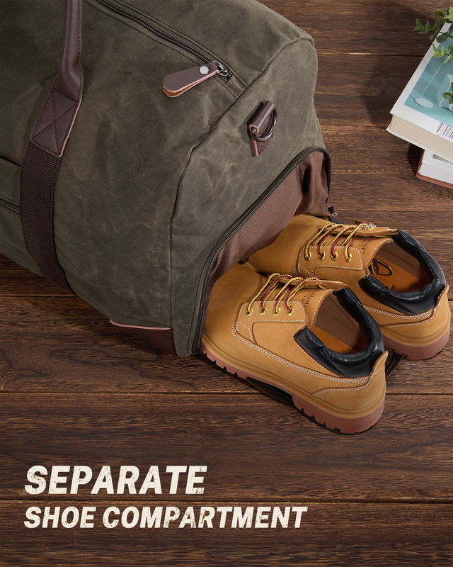 55L Waxed Canvas Duffle Bag Water Resistant Vintage Travel w/Shoe Comp1