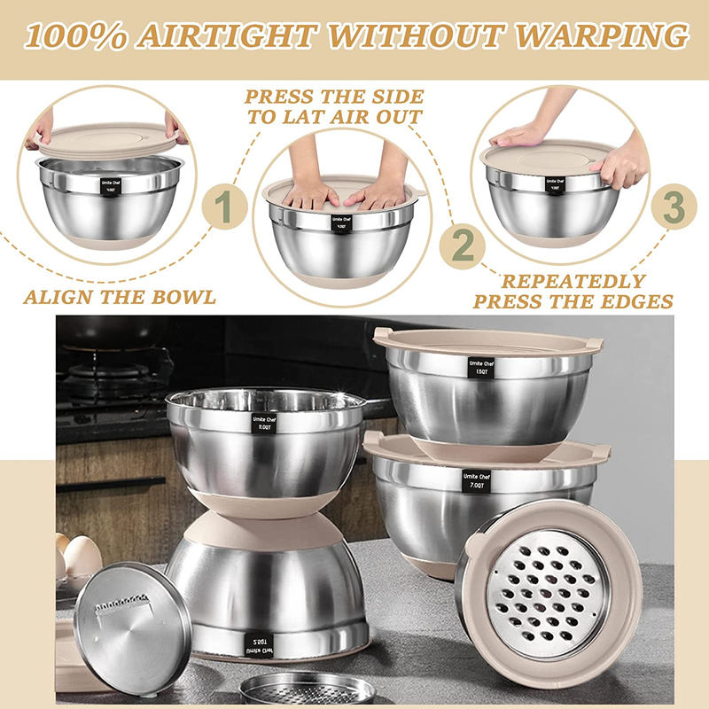 26PC Stainless Steel Mixing Bowls Set Airtight Lids Grater Khaki6