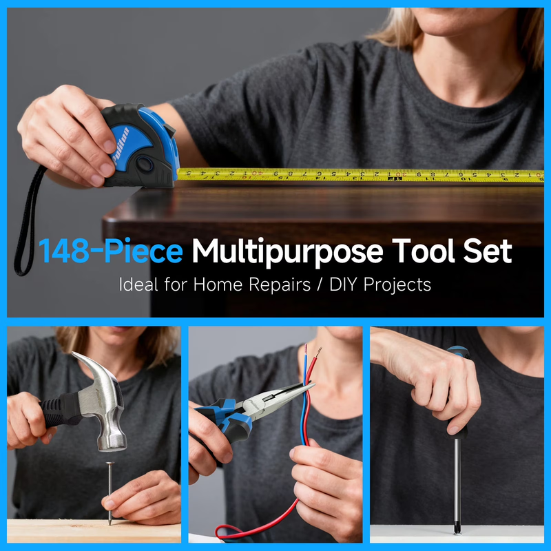 148PC Home Tool Kit 12V Cordless Drill Set Tool Box DIY Repair Blue8