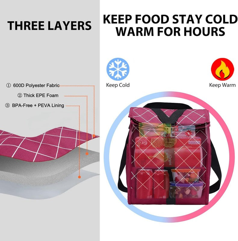 Insulated Roll Top Lunch Bag for Women Men Foldable Tote w/ Shoulder Strap Red5