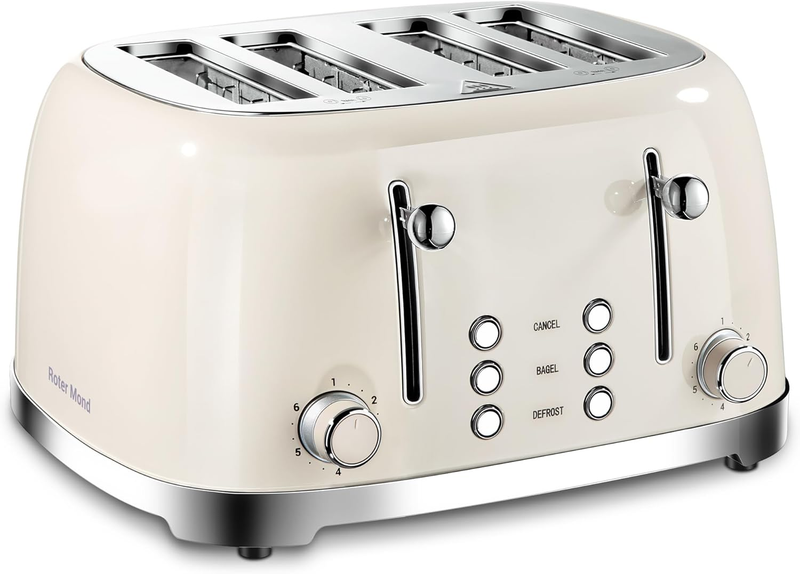 Retro 4 Slice Toaster Cream ST033 - Wide Slots, Bagel, Defrost, 6 Settings0