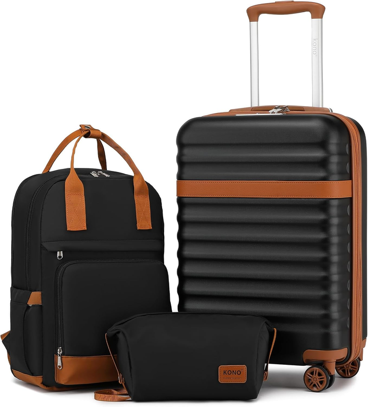 3pc Carry On Luggage Set TSA Lock Spinner Wheels Hardshell Black Brown10